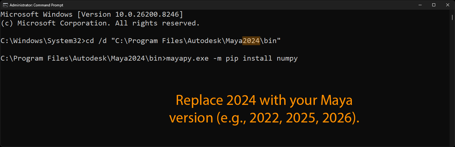 Installing numpy for Maya using mayapy in Command Prompt