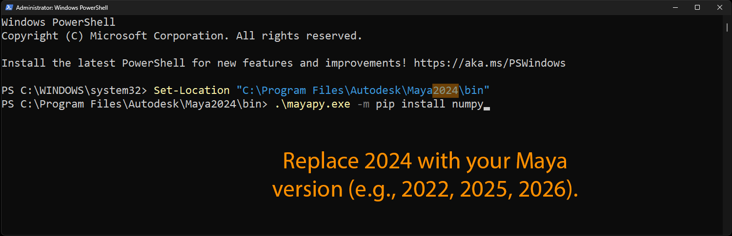 Installing numpy for Maya using mayapy in PowerShell