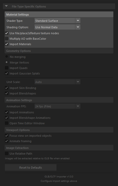 Material settings panel in the Maya glTF import dialog