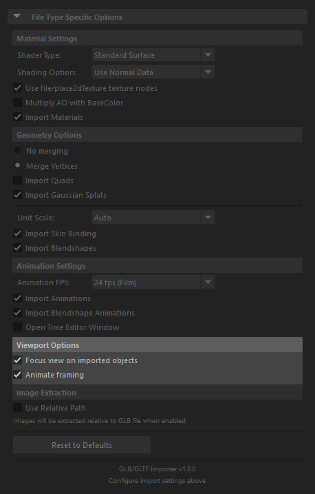 Viewport options panel in the Maya glTF import dialog